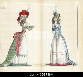 Frau in hoher Haube mit Taft nakara bedeckt, weißer follette, Fichu mit Barbeaux-Borte, gestreiftes grünes Kleid, rosa Taffeta-Gürtel, weißer Taffeta-Unterrock mit falbala, grüne Hausschuhe. Frau mit Hut a la Jardiniere, weiße Follettes, Gaze fichu, himmelblaues Kleid, weiße Plissee-Vorderseite, Unterrock aus Leinen mit pinkfarbenen Bändern. Handkolorierter Kupferstich aus Jean-Antoine le Brun oder Lebrun-Tossas Journal de la Mode et du Gout, früher Cabinet des Modes, Chez Buisson, Paris, und Joseph le Boffe, London, 1790. Stockfoto