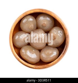 Eingelegte Borettane-Zwiebeln in einer Holzschale. Italienische Perlzwiebeln mit flacher, untertassenartiger Form, in Salzlake konserviert. Stockfoto