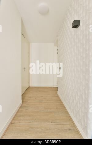 Ein eleganter, minimalistischer Flur mit hellen Wänden und elegantem Fußboden, der zeitgenössischen Inneneinrichtung und Dekoelementen präsentiert. Stockfoto