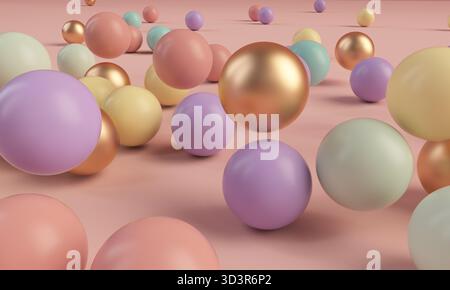 Eine fesselnde Illustration mit farbenfrohen Kugeln in der Mitte des Sprunges, die eine lebendige und dynamische Szene mit einer Pastellfarbenpalette schafft, die einen Sinn ausstrahlt Stockfoto