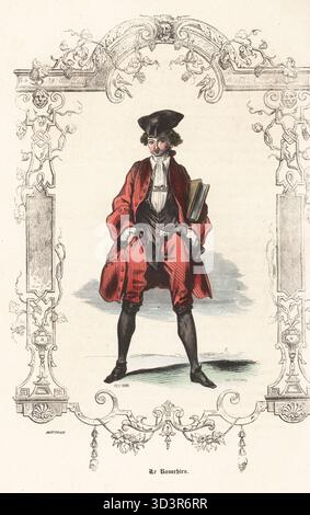 Kostüm eines französischen Anwalts aus dem 18. Jahrhundert. Advocate in Tricorne, Mantel, Krawatte, Weste, Hosen, Schnallenschuhe, mit großem Gesetzbuch. Le Basochien. Handkolorierter Stahlstich von Eugene Pred'homme nach einer Illustration von Theophile Fragonard, in einer dekorativen Kartusche von Bertrand, aus Augustin Challamels Autrefois ou Le Bon Vieux Temps, Types de 18e Siecle, Challamel et Cie, 1842. Stockfoto