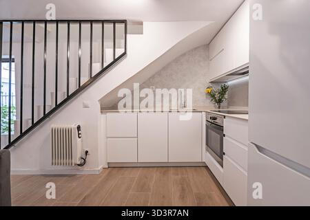 Seitenansicht einer Eckküche mit raumhohen Schränken und schlanken Geräten, um Platz in einem kleinen Zuhause zu maximieren Stockfoto