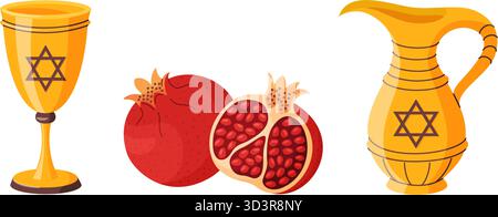 Jüdische Feiertagselemente Set. goldener Kiddush-Becher, Ölkrug mit Davidstern und Granatäpfel. Festliches flaches Vektordesign, perfekt für Einladungen, Menüs, Aufkleber und religiöse Veranstaltungen Stock Vektor