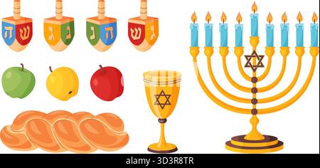 Jüdische Feiertagsartikel. Dreidels, Äpfel, Challah-Brot, goldener Kiddush-Becher, beleuchtete Menora. Farbenfrohes flaches Vektordesign, nützlich für die Weihnachtskoche, Grußkarten, Aufkleber und Lehrmaterialien Stock Vektor