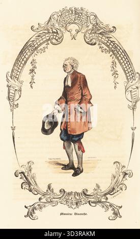 Kostüm von Monsieur Dimanche, 18. Jahrhundert. Mit Hut, Krawatte, Mantel, Hosen, Strumpfhaltern und Schnallenschuhen. Charakter eines ehrlichen Kaufmanns und Gläubigers in Molieres Dom Juan. Handkolorierter Stahlstich von Pegard nach einer Illustration von Theophile Fragonard, in einer dekorativen Kartusche von Pierre-Nicolas-Frederic Grenan, aus Augustin Challamels Autrefois ou Le Bon Vieux Temps, Types de 18e Siecle, Challamel et Cie, 1842. Stockfoto