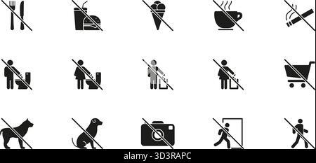 Unzulässige Aktivitäten Volumenkörpersatz. Kein Essen, Trinken, Rauchen, Haustiere und Fotografie Symbol Sammlung. Beschränkungs- Und Verbotszeichen Stock Vektor