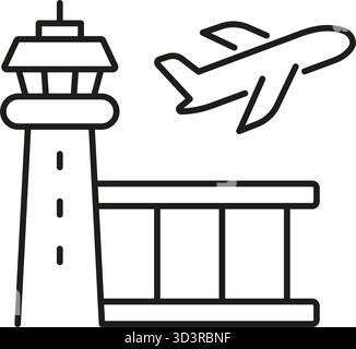 Airport Control Tower Mit Airplane Line Symbol. Symbol Für Luftverkehrsmanagement Und Flugbetrieb. Flugsicherung Und Flughafen Stock Vektor