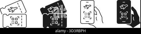 Symbolsatz Für Flugticket Und Mobile Bordkarte. Digital Travel, E-Ticketing und QR Code Check-in Outline and Silhouette Symbol Collection. Isoliert Stock Vektor