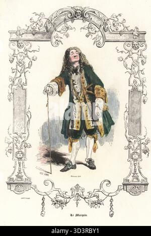 Kostüm eines Markgrafen, Herrschaft Ludwigs XV., 18. Jahrhundert. In Hofkleidung aus grünem Justaucorps und Reithose, weißer und goldener Weste, Strumpfbänder, mit Rohrstock und Tricorne. Le Marquis. Handkolorierter Stahlstich von Eugene Pred'homme nach einer Illustration von Paul Gavarni, innerhalb einer dekorativen Grenze von Bertrand, aus Augustin Challamels Autrefois ou Le Bon Vieux Temps, Types de 18e Siecle, Challamel et Cie, 1842. Stockfoto