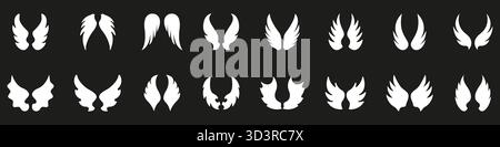 Symmetrical Angelic Wings Solid Symbolset. Sammlung Paariger Flügelformen. Spirituelle Himmelfahrt, Himmlischer Flug, Schutz Und Mythologie Stock Vektor
