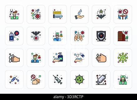 Verbessern Sie Ihre Projekte mit 24 gefüllten Linien-Vektorsymbolen rund um Coronavirus, mit 256 x 256 Rasterauflösung, ideal für saubere und professionelle Anwendungen Stock Vektor