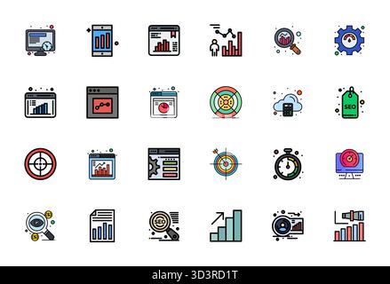 Erweiterte Sammlung von 24 bearbeitbaren Vektorsymbolen, inspiriert von Performance Metrics, in Reihe gefertigt mit 256 x 256-Optimierung für überragende visuelle Qualität Stock Vektor