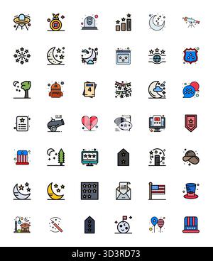 Optimieren Sie Ihre Projekte mit 42 mit flachen Linien gefüllten Vektorsymbolen rund um Sterne mit einer editierbaren Auflösung von 64x64, ideal für saubere und professionelle Anwendungen Stock Vektor