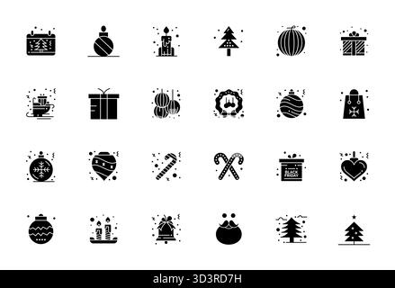 Ein dynamischer Satz von 24 Vektorsymbolen in gefüllter Form, speziell für Weihnachten mit 256 x 256 Gitterqualität, geeignet für digitale Produkte. Stock Vektor