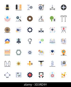Ausgeklügeltes Paket mit 42 flachen Vektorsymbolen für den Maschinenbau, entwickelt mit 64x64 bearbeitbarer Klarheit für professionelle Anwendungen. Stock Vektor