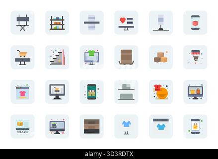 Verwandeln Sie Ihre Designs mit 24 flachen Vektorsymbolen rund um das Produktanzeigen in der für Retina Ready Pixel optimierten Auflösung für maximale Clar Stock Vektor