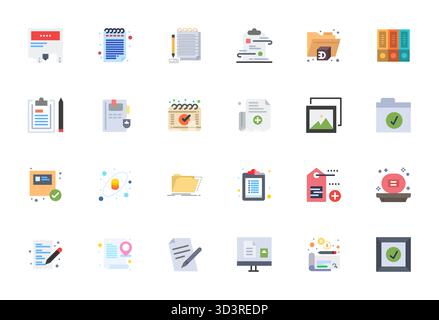 Komplettes Paket mit 24 Vektorsymbolen rund um die Aufzeichnung, mit flachem Design in bearbeitbarer Qualität von 256 x 256 für moderne Schnittstellen. Stock Vektor