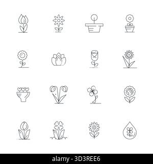 Perfekt ausbalancierte 16 Thin Line editierbare Vektorsymbole für Bloom, Größe 128x128 für harmonische Integration in digitale Designprojekte. Stock Vektor