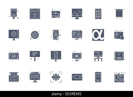 Eine übersichtliche Sammlung von 24 gefüllten Vektorsymbolen, die Display darstellen, im Retina Ready Detail Enhanced Format für moderne Dashboards und Schnittstellen Stock Vektor