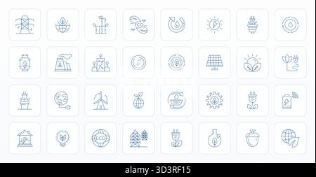 Eine übersichtliche Sammlung von 32 Thin Line Vektorsymbolen, die erneuerbare Elemente darstellen, in einem editierbaren Format mit hoher Auflösung für moderne Dashboards und Interfac Stock Vektor