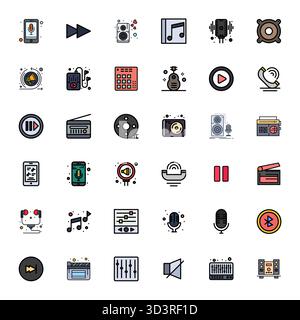 Hochwertige Sammlung von 36 mit flachen Linien gefüllten Vektorsymbolen für Audio, die in einer Auflösung von 256 x 256 Pixel für eine hervorragende visuelle Wirkung sorgfältig gefertigt wurden. Stock Vektor