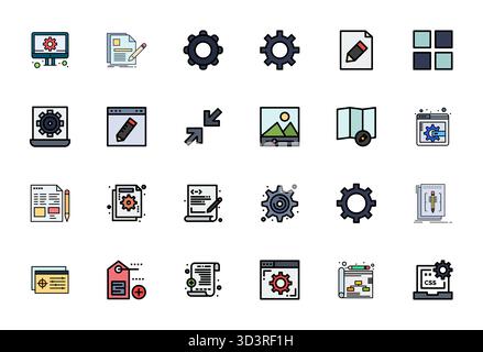 Exklusive Sammlung von 24 mit flachen Linien gefüllten Vektorsymbolen für Modify, entwickelt mit 256 x 256 Detail Enhanced Resolution für erstklassige Markenerlebnisse. Stock Vektor