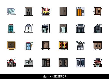 Ein dynamischer Satz von 24 Vektorsymbolen in Reihe, speziell für Türen mit 128x128 Pixel ausgerichteter Qualität, geeignet für digitale Produkte. Stock Vektor