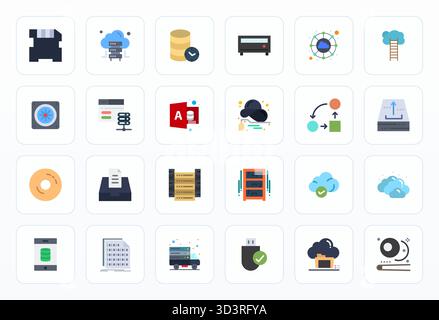 Professionelle Sammlung von 24 flachen Vektorsymbolen für Datenspeicherung, gefertigt mit 128x128-Rastergenauigkeit für Unternehmensanwendungen Stock Vektor