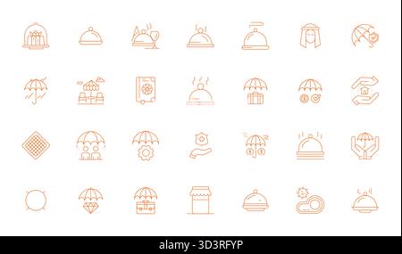 Ein vielseitiger Satz von 28 Vektorsymbolen mit Thin Line Grid, die auf der Abdeckung ausgerichtet sind, im scharfen Format 128x128, ideal für mobile und Web-Anwendungen. Stock Vektor