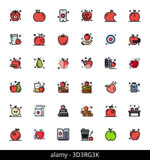 Innovatives Paket mit 36 Vektorsymbolen rund um Apple, mit flacher Linie gefülltem Design im Format 64x64 für moderne digitale Lösungen. Stock Vektor