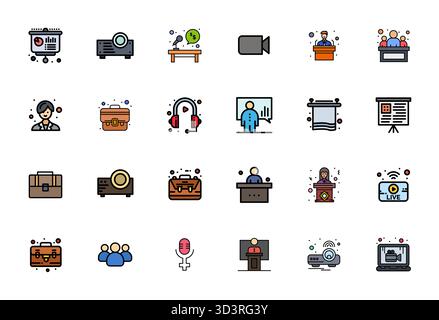 Die ultimative Sammlung von 24 Vektorsymbolen, die mit Konferenzinhalten gefüllte Ästhetik darstellen, optimiert mit einer ausgerichteten Auflösung von 64x64 Pixeln für maximale Imp Stock Vektor