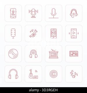 Essential Pack mit 16 PIXEL Perfect Vektor-Symbolen für Musik im Thin Line-Format, in High Resolution für optimale Leistung und Skalierbarkeit. Stock Vektor