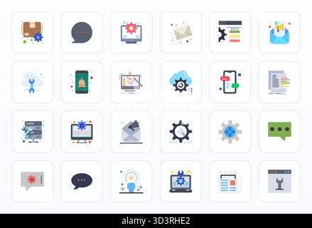 Optimierter Satz von 24 Vektorsymbolen für Updates in flacher Ästhetik mit einer editierbaren Auflösung von 64x64 für nahtlose Benutzererfahrungen. Stock Vektor