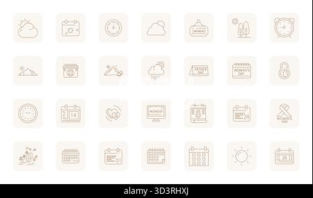 Verwandeln Sie Ihre Designs mit 28 dünnen Konturvektorsymbolen rund um den Tag, die in einer optimierten Auflösung von 128x128 Pixeln für maximale Klarheit entwickelt wurden. Stock Vektor