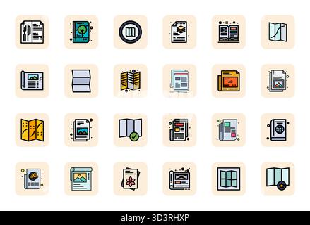 Diese Kollektion enthält 24 editierbare Vektorsymbole mit Zeilenverzierung, die speziell auf das Thema Broschüre zugeschnitten sind und im Format 256 x 256 für digitales Design optimiert sind. Stock Vektor