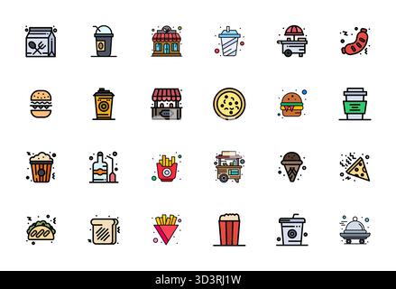 Wunderschön gerenderte Vektorsymbole mit 24 Zeilen gefüllten Pixeln für Fast Food, erstellt mit einer Auflösung von 128x128 für beeindruckende visuelle Konsistenz in allen pla Stock Vektor