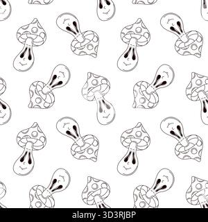 Nahtloses Muster des groovigen Linienkunstpilzes mit lächelndem Gesicht auf weißem Hintergrund. Verspieltes und skurriles Design für Stoffe. Stock Vektor