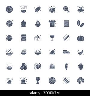 Diese Kollektion enthält 36 erweiterte Vektorsymbole mit Fülldetail, die speziell auf das Thema Küche zugeschnitten sind und im Format 256 x 256 für digitales Design optimiert sind. Stock Vektor