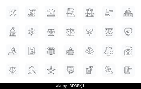 Umfassendes Toolkit mit 28 Vektorsymbolen, die sich um das Gesetz drehen, entwickelt in Thin Outline mit 64x64 bearbeitbarer Präzision für vielseitige Designanwendungen. Stock Vektor