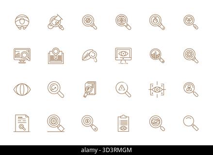 Set aus 24 Pixel-optimierten Vektorsymbolen mit fettgedruckter Linie, die sich um Examine kümmern, in hoher Auflösung für eine nahtlose Integration in Apps und Web Stock Vektor