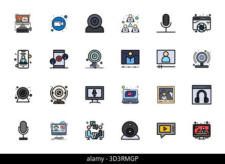 Sorgfältig zusammengestellte 24 Vektorsymbole mit flachen Linien für Online-Meetings mit einer editierbaren Auflösung von 64x64 für eine konsistente Markendarstellung und Verwendung Stock Vektor