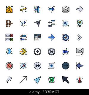 Optimierter Satz von 36 Vektorsymbolen für eine ästhetische Forward-in-Flat-Line-Darstellung mit einer perfekten Auflösung von 64x64 PIXELN für ein nahtloses Benutzererlebnis. Stock Vektor