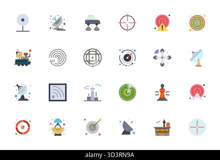 Exklusive Kollektion von 24 flachen Vektorsymbolen für Radar, entwickelt mit High Resolution Display, perfekter Auflösung für erstklassige Markenerlebnisse. Stock Vektor