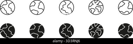 Erdkugellinie Und Festes Symbol Set. Globale Konnektivität, Geografie Und Weltkartenumrisse Und Silhouette Symbol Collection. Planetendarstellung Stock Vektor