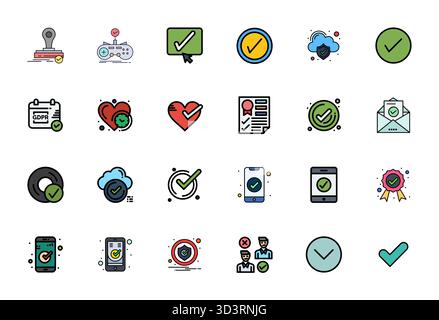 Ausgeklügeltes Paket mit 24 Zeilen gefüllten Vektorsymbolen für Checkmark, entwickelt mit Retina Ready Pixel Aligned Clarity für professionelle Anwendungen. Stock Vektor