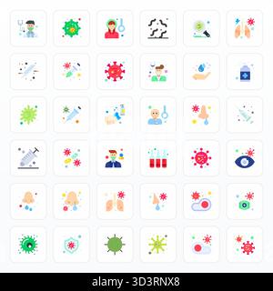 Professionell gestaltete 36 Vektorsymbole in Flat, die das Wesen der Grippe mit der angepassten Präzision von Retina Ready Grid für UI-Design erfassen. Stock Vektor