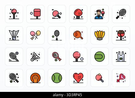 Strategisches Paket mit 24 Vektorsymbolen, die Tennis im Filled Line-Format darstellen, optimiert mit 64x64 PIXELN perfekte Qualität für professionelle Arbeit Stock Vektor