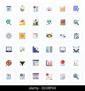 Optimierter Satz von 36 Vektorsymbolen für Metrics in flacher Ästhetik mit einer perfekten Auflösung von 128x128 PIXELN für nahtlose Benutzererfahrungen. Stock Vektor