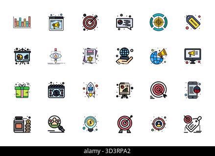 Eine übersichtliche Sammlung von 24 mit flachen Linien gefüllten Vektorsymbolen, die Marketing repräsentieren, im Format 256 x 256 Display Perfect für moderne Dashboards und in Stock Vektor