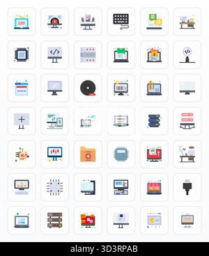 Unverwechselbares Paket mit 42 Pixel ausgerichteten Vektorsymbolen, die vom Computer inspiriert wurden und im flachen Format mit hoher Auflösung für unvergessliche Markenerlebnisse gefertigt wurden. Stock Vektor